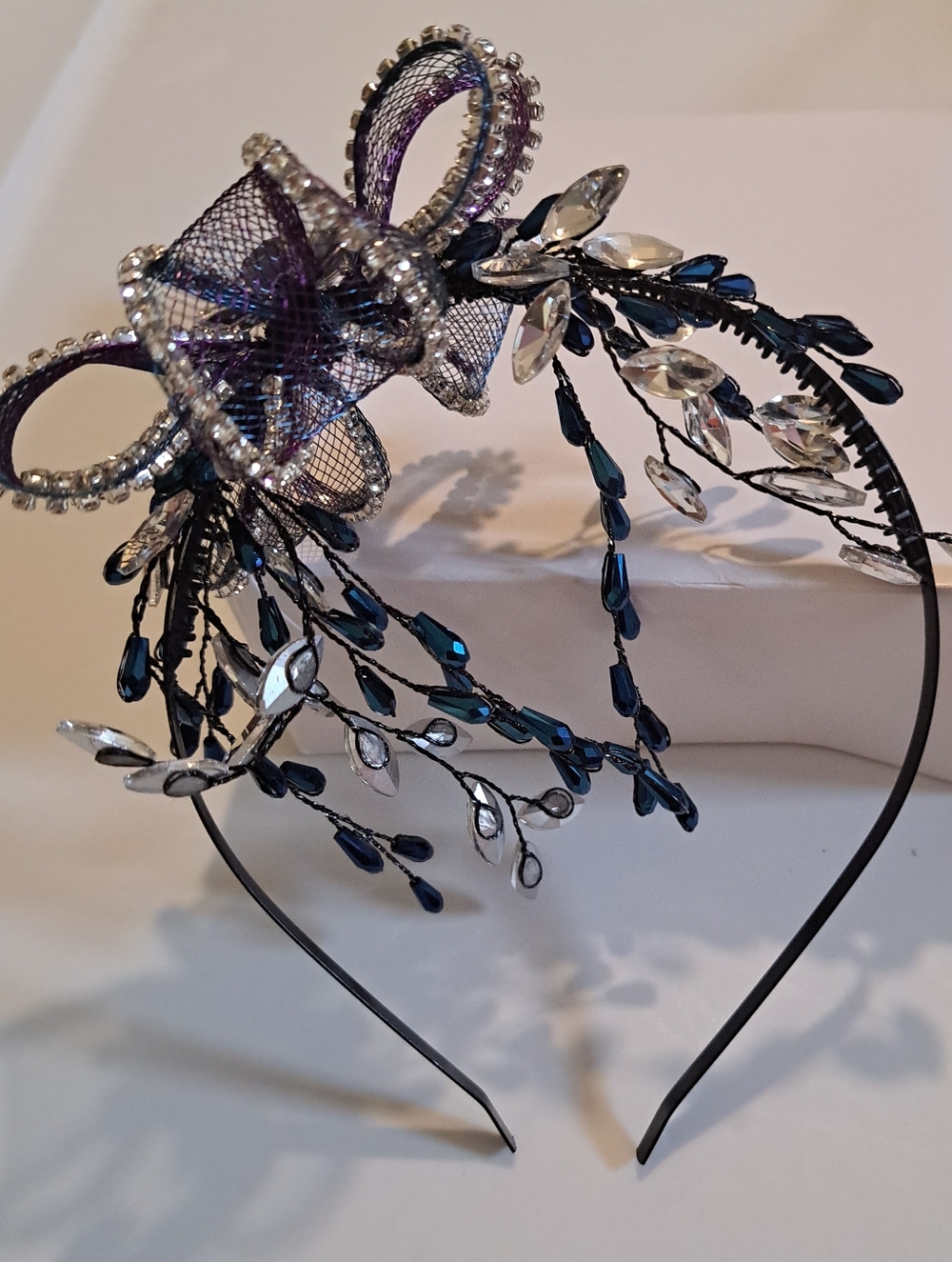 Goth Bride Headband Purple Mesh Crystal Blue-Black Rhinestones